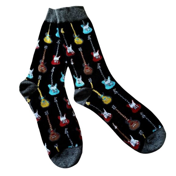 Mens Black Crew Socks With Colorful Electric Guitar Pattern Musician Rock Band A - Picture 1 of 6